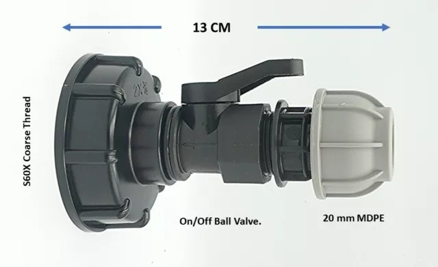 IBC ADAPTER (S60X6) to PP BALL VALVE & 20 mm Compression Pipe Fitting. MDPE