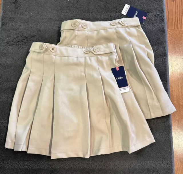 IZOD Skirt Size 10 Girls Uniform Khaki Pleated Skirt Skort Liner NEW Lot Of 2