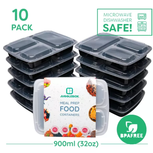 10x Three Compartment Reusable Meal Prep Food Storage Bento Lunch Box Containers