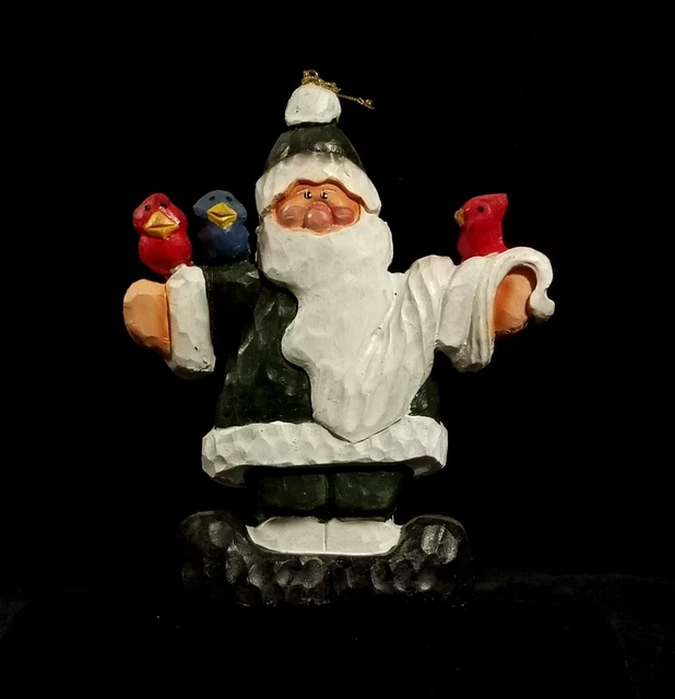 Cute Large Primitive Woodland Santa Claus w/ Red Birds Christmas Ornament