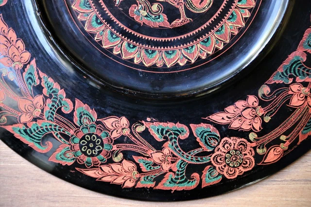 Antique/Vintage Burmese Lacquered Wooden Plate Hand Painted Amazing Detail 25cm 9