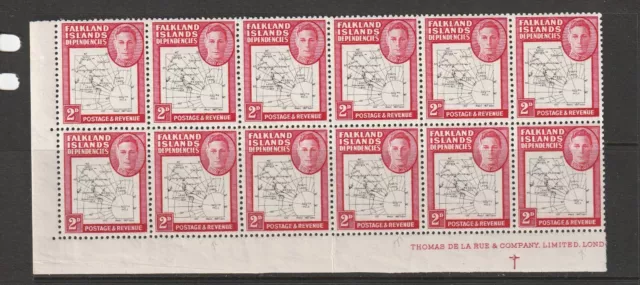 Falklands Deps 1946/9 Thin Maps block of 12, Line 5 with 3 DOT ON T varieties, P