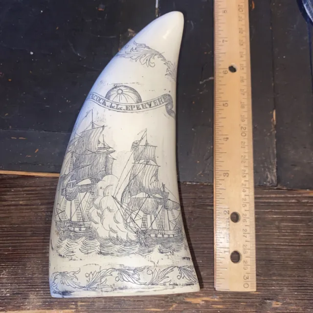 Faux Sperm Whale Tooth. Ship Liberty Peacock Scrimshaw Resin,with Wood Stand