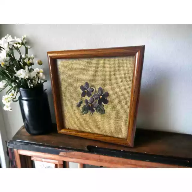 Crewel flower art needlepoint framed professionally vintage purple flowers