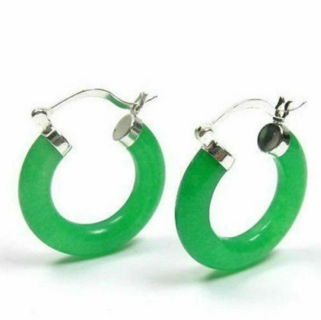 New Pair Natural Green Jade 925 Sterling Silver Hook Hoop Dangle Earrings AAA