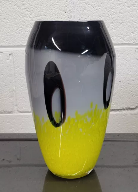 Mid Century Modern Vintage Murano Hand Blown Glass Vase Black & Yellow 1970s