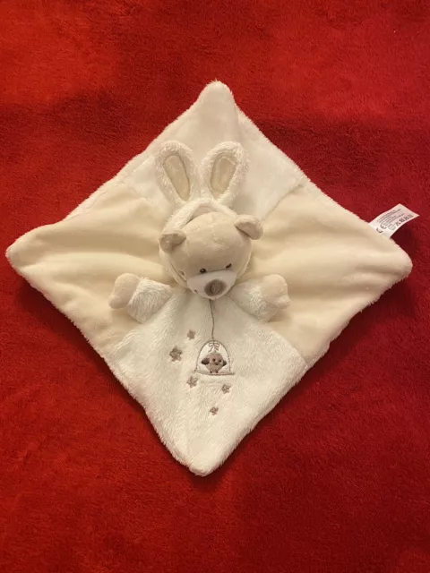 🇫🇷Doudou Plat Ours Déguisé En Lapin Blanc Écru Brodé Oiseau SIMBA TOYS NEUF