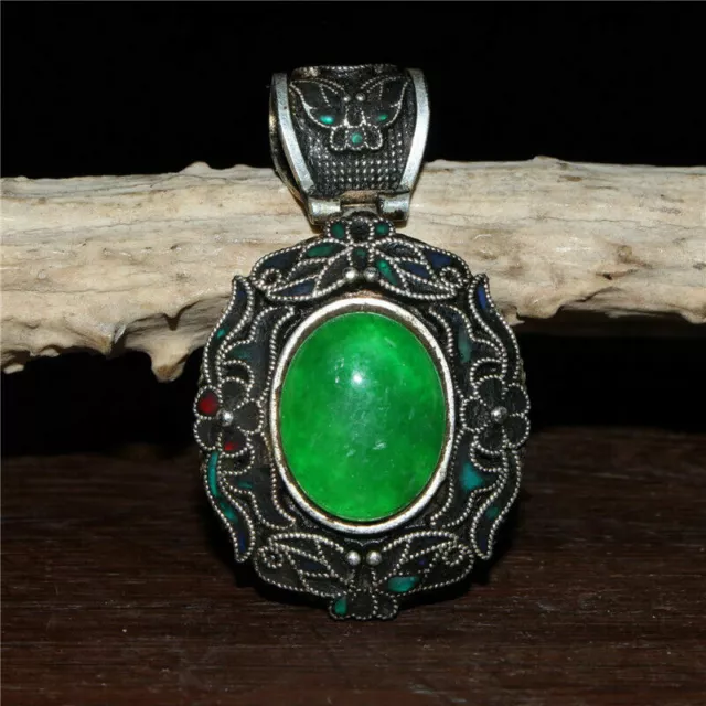 2.17"Exquisite Chinese pure copper silvering Handmade inlay Emerald Pendant