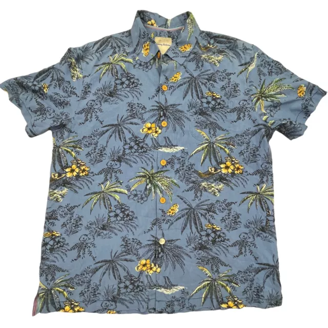 Tommy Baham Mens 100% Silk Aloha Hawaiian Print Blue Button Shirt Large