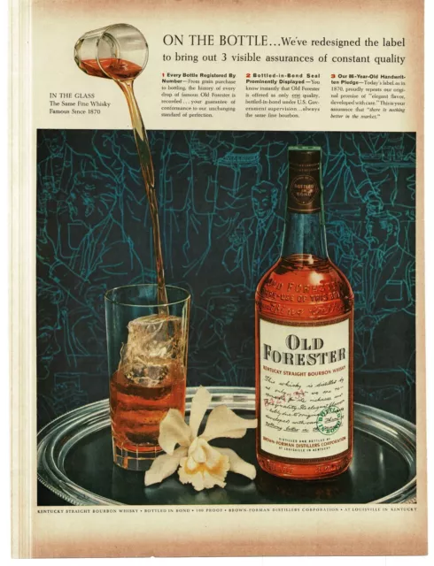 1956 Old Forester Bourbon Whisky on silver tray with white orchid Print Ad