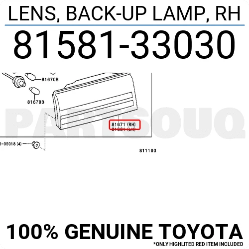 8158133030 Genuine Toyota LENS, BACK-UP LAMP, RH 81581-33030 OEM