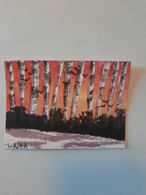 Watercolor ACEO Original Painting Mini  2.5x3.5 Birch Trees Birds Landscape