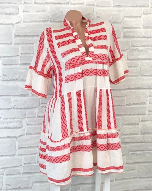 Italy Kleid Hängerchen Tunika Leinen-Optik Volant Ibiza 36 38 40 Natur Rot T576