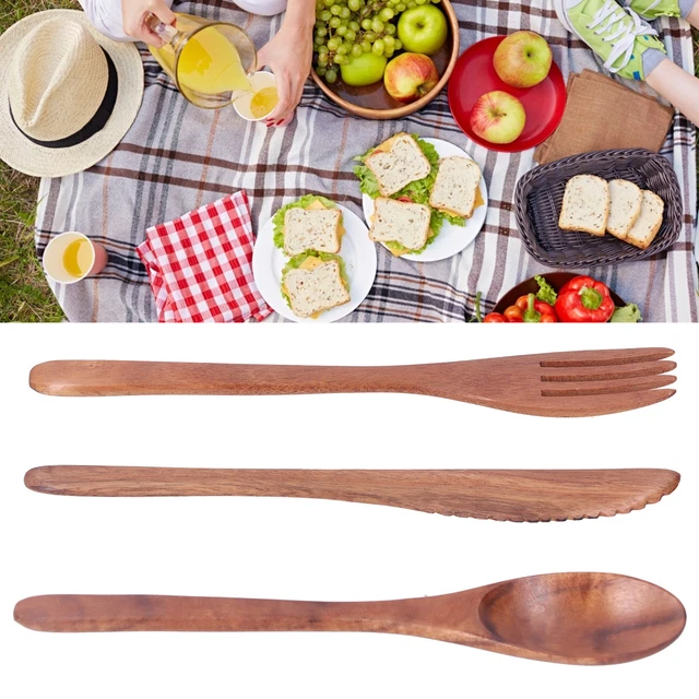 3 pz set di stoviglie in legno cucchiaio portatile forchetta coltello per picnic barbecue strada