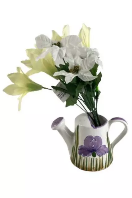 Vtg Italian Ceramic Pottery Majolica Watering Can Painted With Artificial Flower