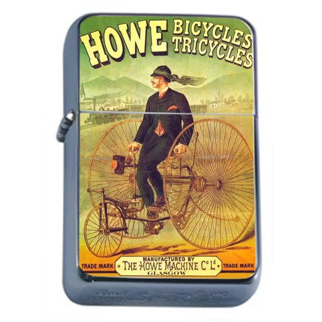 Silver Flip Top Oil Lighter Vintage Poster D150 Howe Bicycles Tricycles Machine