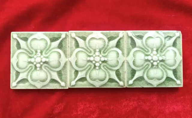 3 Pieces Lot Art Deco Floral Design Embossed Majolica Ceramic Tiles England 0336