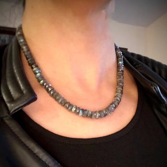 Collier Perles Labradorite Et Hématite Avec Pendentif Croix - Lithothérapie - 46-50 Cm