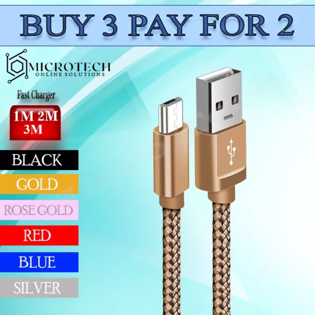 Strong Braided Micro USB Cable Fast Charging Lead For Phone Tablet 1m 2m 3m