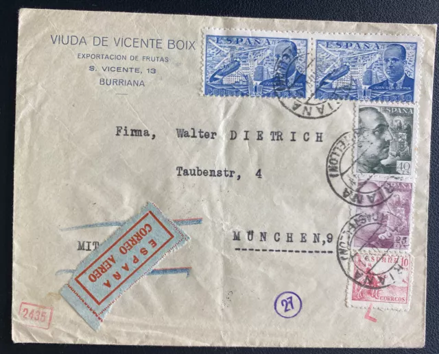 1941 Burriana Spain Censored Airmail Cover To Munich Germany