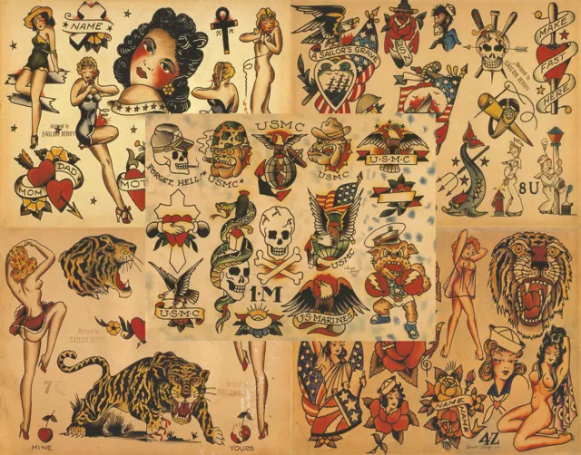 Sailor Jerry Traditional Vintage Style Tattoo Flash 5 Sheets 11x14" Old School X