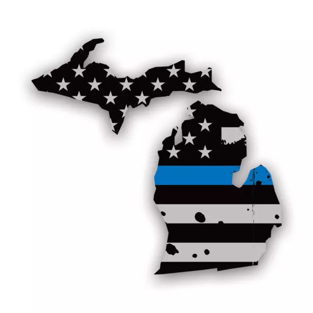 Distressed Michigan State Shaped Subdued US Flag Thin Blue Line Sticker Decal