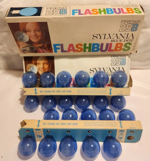 Bombillas de punto azul vintage Sylvania Press 25B, 22 bombillas en embalaje original
