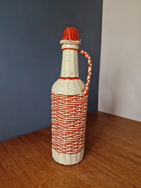 Vintage MCM Scoubidou weaved  Red cream Plastic Wrapped Bottle Prop Bar Decor