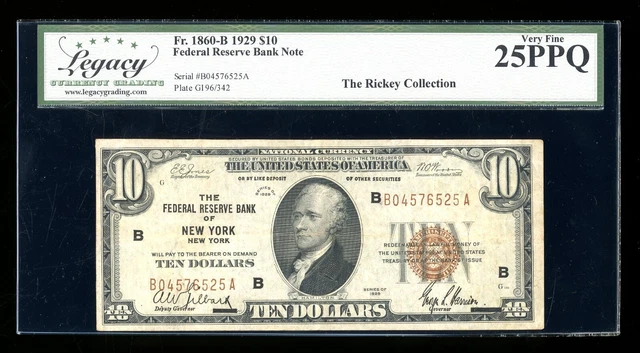 DBR 1929 $10 FRBN New York Fr. 1860-B Legacy 25 PPQ Serial B04576525A