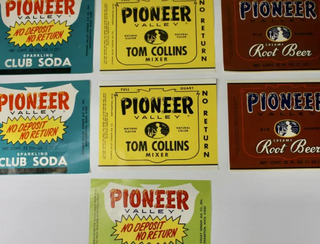 7 Vtg Pioneer Valley Soda Bottle Labels Root Beer Tom Collins Lemon Lime MINT