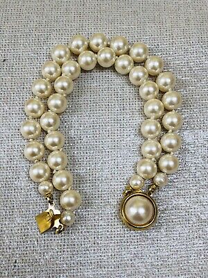 Vintage Bracelet Beaded Chain Black, White, Gold Tone Faux Pearl Ornate Clasp 7