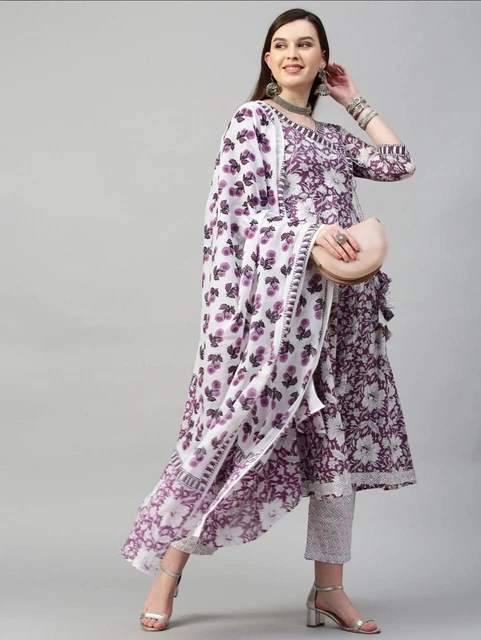 Printed Work Salwar Kameez Indian Handmade Women Designer Kurti Palazzo Dupatta