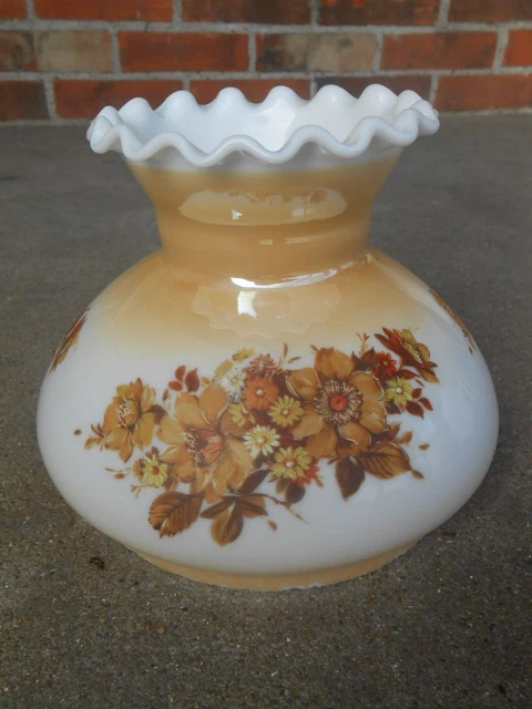 Vintage Milk Glass Hurricane  LAMP SHADE Hand Painted Autumn Brown Flowers