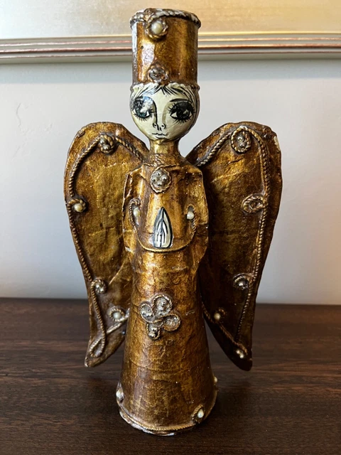 VTG DeSela ANGEL Christmas Folk Art Paper Mâché Candle Holder GOLD PEARL ROPE