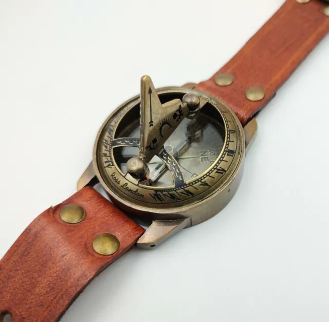 Maritim Messing Sonnenuhr Kompass Handgelenk Uhr Leder Nautisch Perfekt Geschenk 4