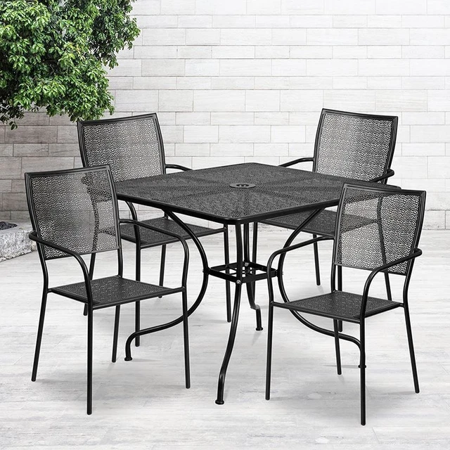 Commercial Grade 35.5" Square Black Indoor/Outdoor Steel Patio Table Set w/4 Squ