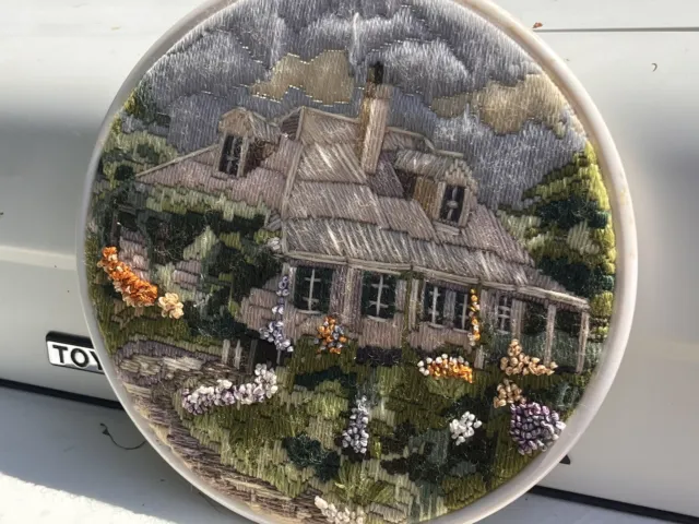 Vintage Finished Cross Stitch Hoop Country Cottage