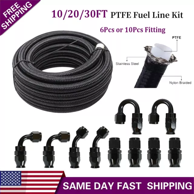 6AN 8AN 10AN Black Nylon E85 PTFE Fuel Line 10-30FT w/ 6 or 10 Fittings Hose Kit