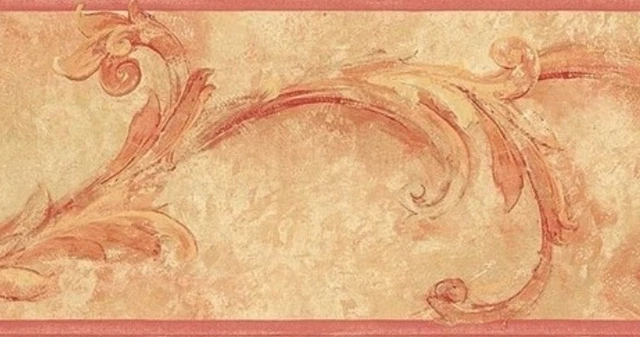 Wallpaper Border Rust Acanthus Leaf Scroll on Beige Faux With Rust Trim
