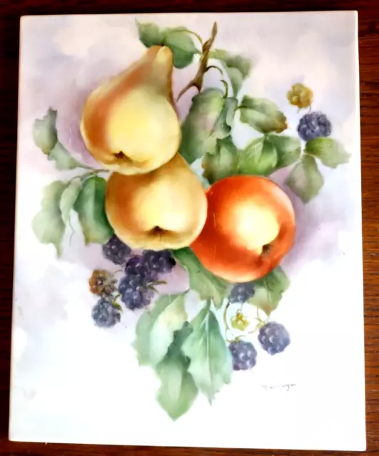 Hand-Painted Porcelain Ceramic Tile Pears Apple Blackberries Signed Fruit VTG