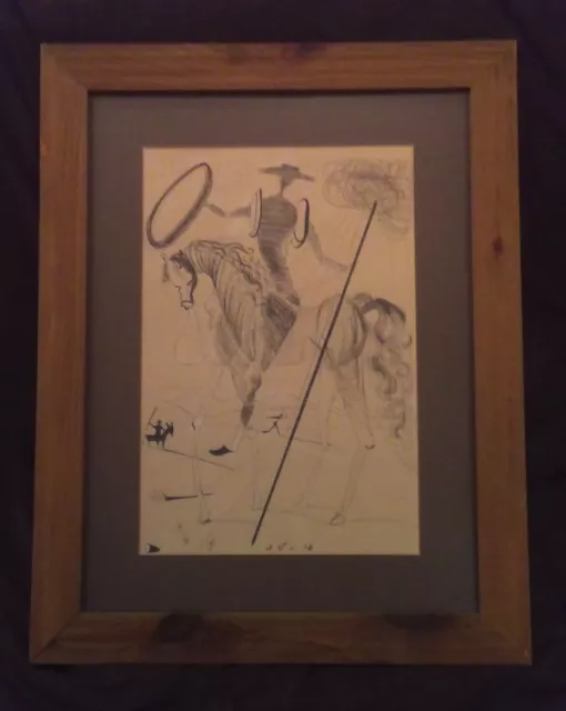 Vtg MCM black pen drawing, man on horse framed