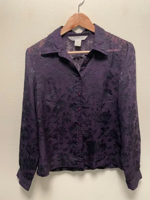 Vintage Express Womens Blouse Medium Purple Floral Lace Button Down Fairy Grunge