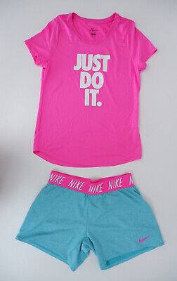 Nike Dri Fit Bambine Palestra Set Vestito Top Pantaloncini Età XL 13-15 anni Blu Rosa