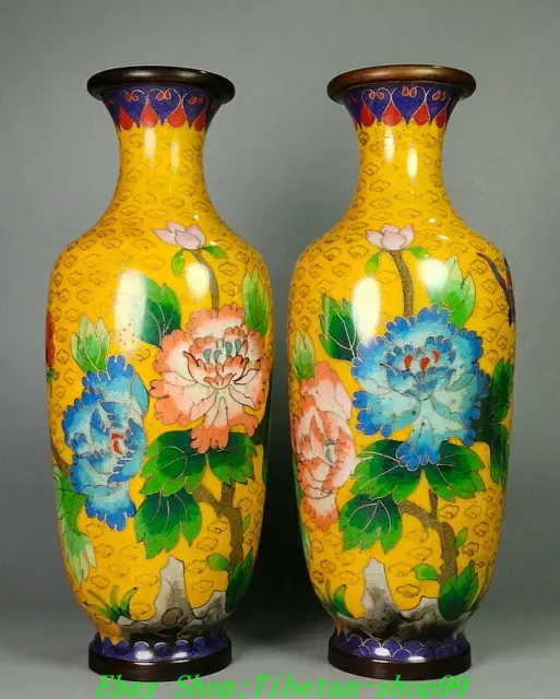 10"Old China Marked Bronze Cloisonne Peony Flower Butterfly Zun Vase Bottle Pair