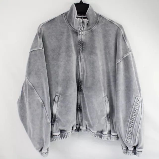 Alexander Wang Velour Logo Full Zip Track Jacket in Washed Charcoal - Size Large