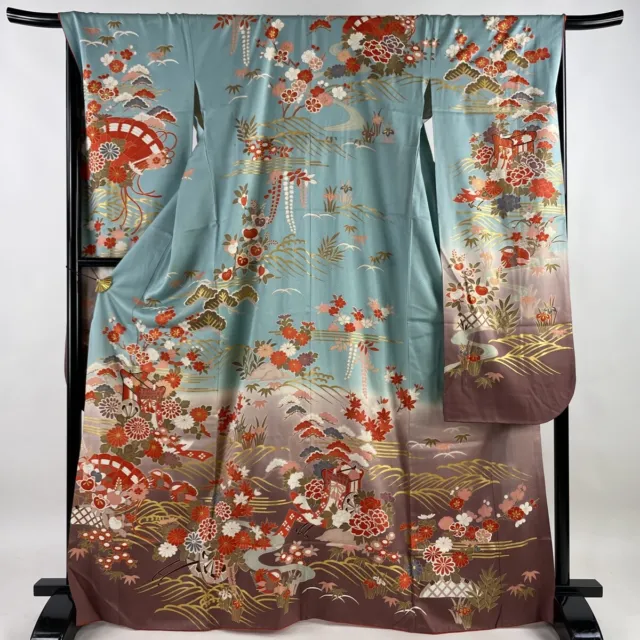 Japanese Silk Kimono Vintage Furisode Gold Pine Bamboo Plum Light Blue 66" EX