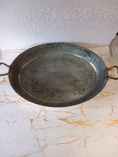 Vintage Large Oval Shaped  Copper Hammered  Roasting Pan With Brass Handles. 2