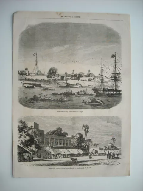 1857 Engraving. India. Fort Williams, On The Edges Of The Gang. Faubourg Calcutta.