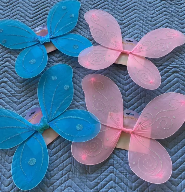 Lot 2 Light Pink & 2 Blue Angel Wings with bold silver glitter