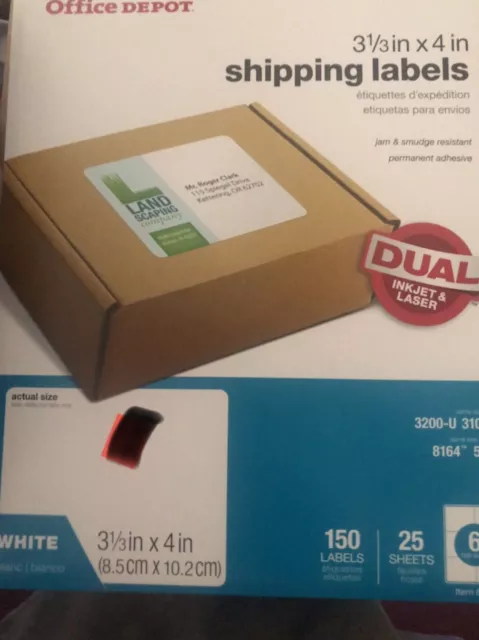 Office Depot Inkjet/Laser Shipping Labels, 3 1/3" x 4", White, 150-Pack